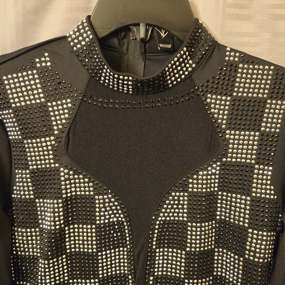 Black Rhinestone Checkered Long-Sleeve Bodysuit - Picture 5 of 11